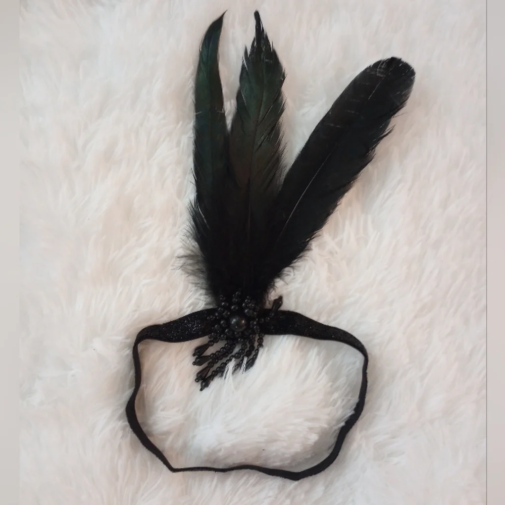 Black Feather Headband And Long Black Gloves Set